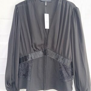 NWT White House Black Market Black Satin Lace Peplum Blouse Top Size 12